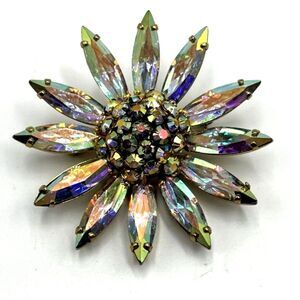 Sherman Aurora Borealis Flower Brooch Vintage gold tone